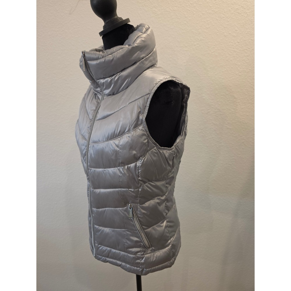 Calvin Klein Womens Metallic Silver Puffer Vest Quilted Full Zip Funnel Neck